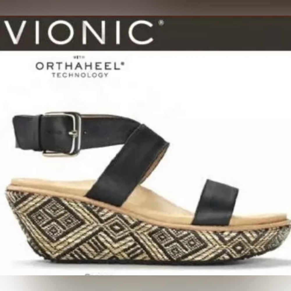 Vionic Cancun 205" Wedge Sandal Black Strap Buckle Women's Size 7 Comfort